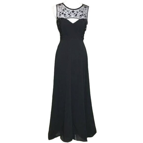 Maniju Lace Embellished Chiffon Maxi Formal Dress Black Size Medium NWT - Picture 2 of 6